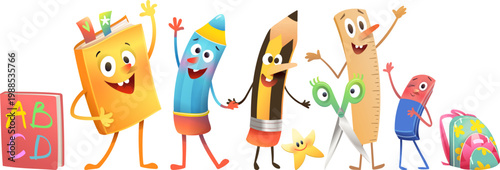 Colorful happy school supplies characters for kids education. Pen, scissors, backpack, ruler and playful pencils for kindergarten and preschool learning. Vector cartoon illustration for children.