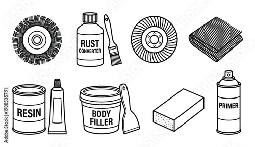 Car paint supplies, resin, body filler, primer spray, rust converter, sanding disc