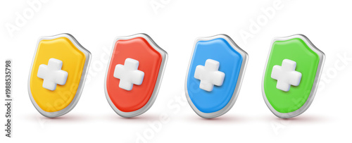 3d medical shield set, vector health protection icon with white cross in different color. Healthcare safety symbol for immunity, insurance and medicine concept