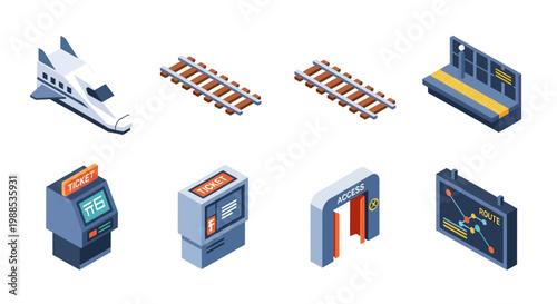 Isometric High Speed Train and Railway Station Icon Set with Ticket Machine and Route Map