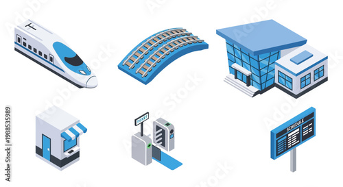 Isometric high speed rail train and railway station infrastructure icon set