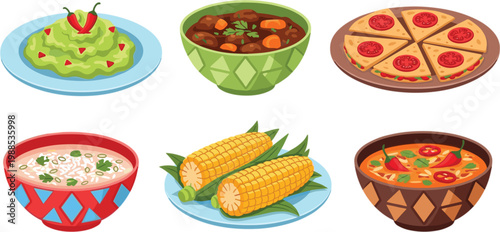 Food dishes illustration set with pizza, salad, soup, corn and curry bowls, colorful meal collection for menu and restaurant design