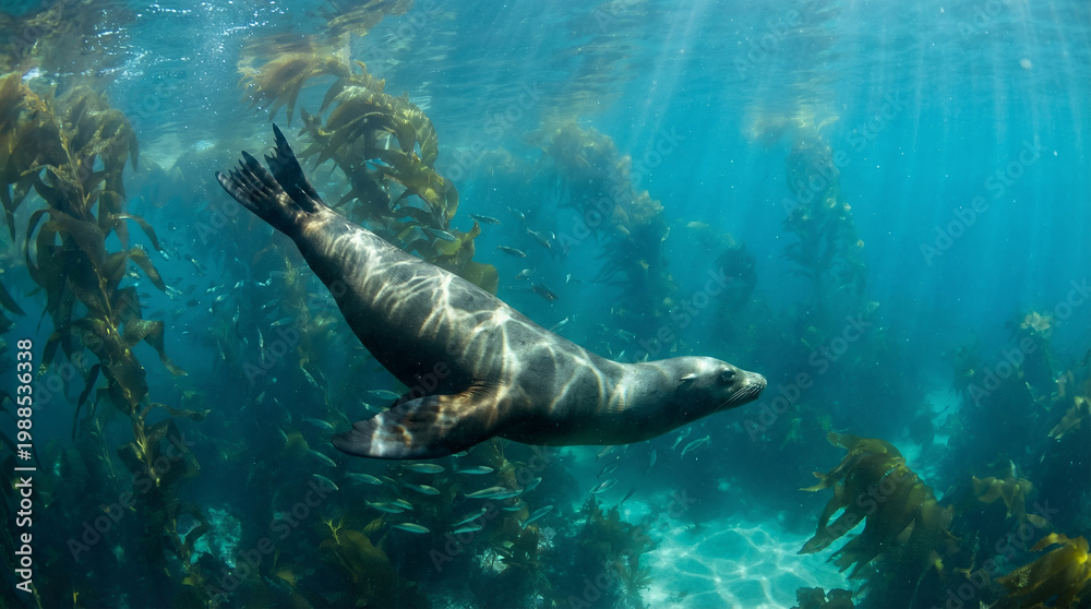 Fototapeta premium California Sea Lion in Kelp Forest with Sunbeams