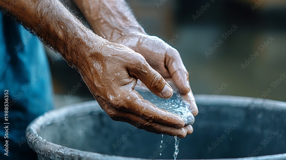 Fototapeta premium Wet Hands Holding Water Dripping Closeup Texture Serene Refreshing Detail.