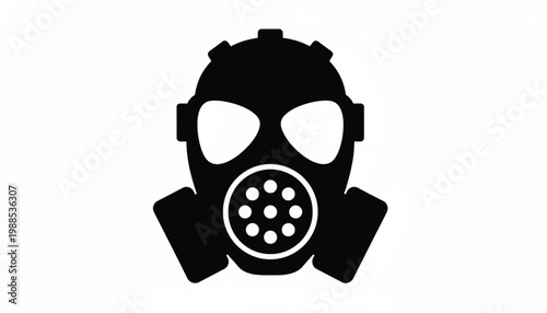 Gas mask icon with goggles and circular filter element for safety and hazard awareness illustration featuring respirator, protective equipment,