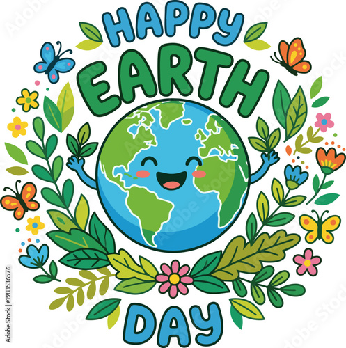Happy earth day vector illustration of a smiling earth surrounded by flowery tree branch with green leaves and a floral nature pattern design