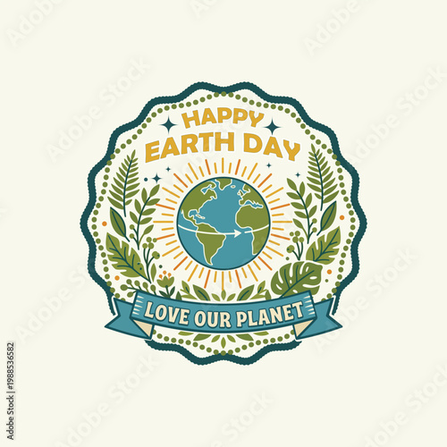 Earth Day vector clipart with a stylized globe, sun rays, and leaves with vintage typography
