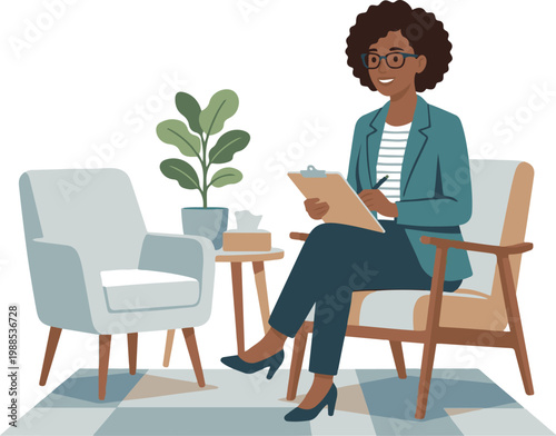 Flat vector illustration of a professional woman seated in a modern office chair holding a clipboard, likely conducting an interview or counseling session,