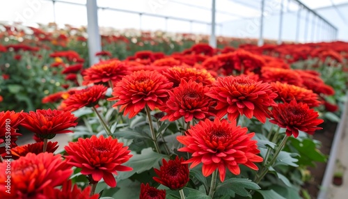 Red Chrysanthemums in a greenhouse
