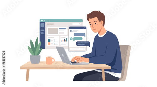 Young man working on laptop at desk.