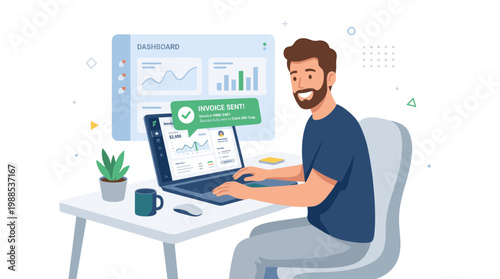 Man working at laptop with charts.