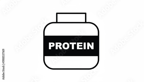 Protein supplement bottle icon with bold label text for fitness nutrition and bodybuilding branding featuring container, gym, health with diet and