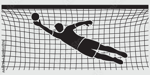Soccer goalkeeper in dynamic diving motion silhouette against net capturing intense sports action, isolated on a gray background