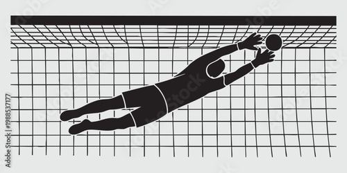 Soccer goalkeeper in dynamic diving motion silhouette against net capturing intense sports action, isolated on a gray background