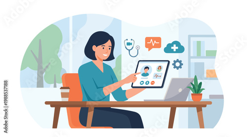 Female professional using tablet in telemedicine setup.