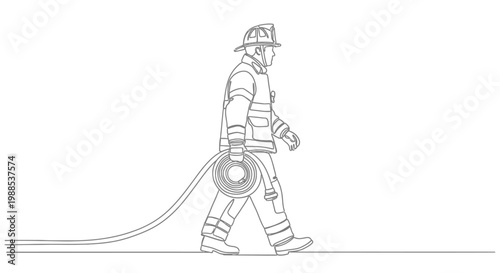 Line Art Illustration of a Firefighter Walking and Carrying a Fire Hose on Isolated White Background