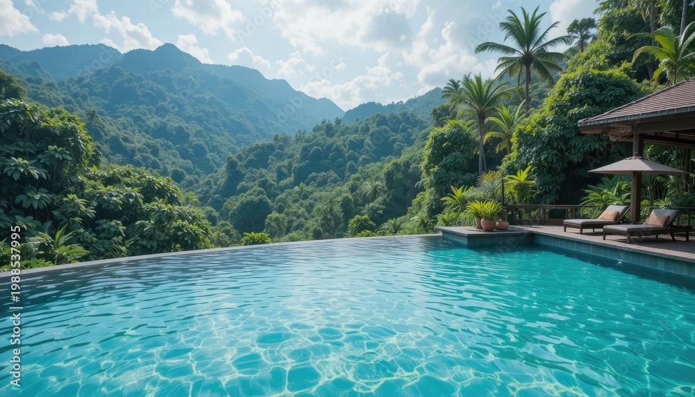Fototapeta premium Infinity pool resort overlooking jungle valley
