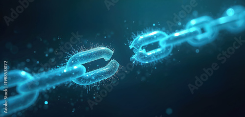 Digital chain link broken blue glow. Abstract network connection fail concept. Cyber security threat data breach symbol. Virtual data transfer interruption. Futuristic tech error symbol.