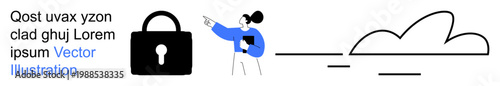 Data protection, cloud computing, online security, privacy enforcement, digital backup, user interface design. A figure points at a locked icon beside a cloud graphic. Data protection and cloud