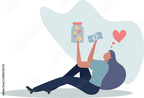 donation concept.Character putting money in jar.flat vector illustration.person's life situation and his activities.