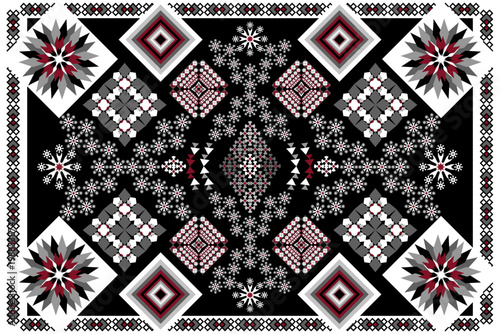 Intricate ethnic seamless geometric pattern featuring detailed star and diamond motifs in red, white, and grey on a black background. Traditional tribal textile and embroidery art design.