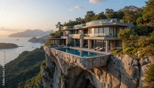 Hanging cliff mansion with suspended pool