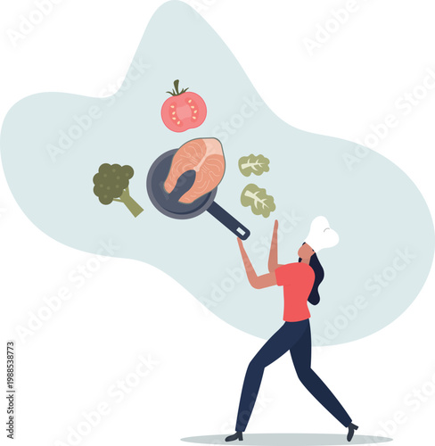 healthy eating concept.Character cooking fresh salad and other healthy meals from fresh vegetables and fish.person's life situation and his activities.