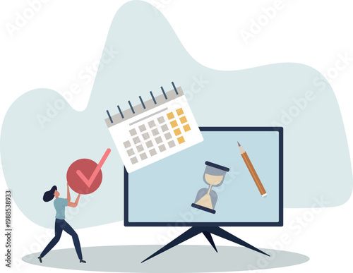 Webschedule planning concept. character making schedule using calendar.person's life situation and his activities.