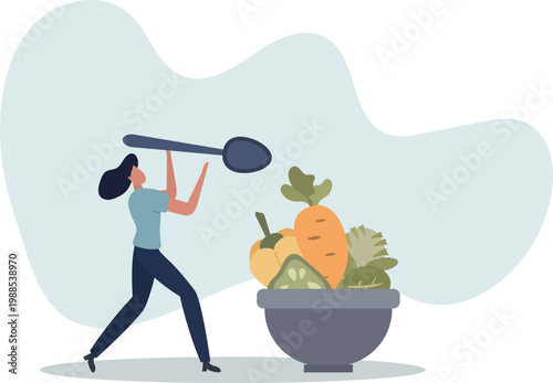 healthy eating concept. Characters cooking fresh salad .person's life situation and his activities.