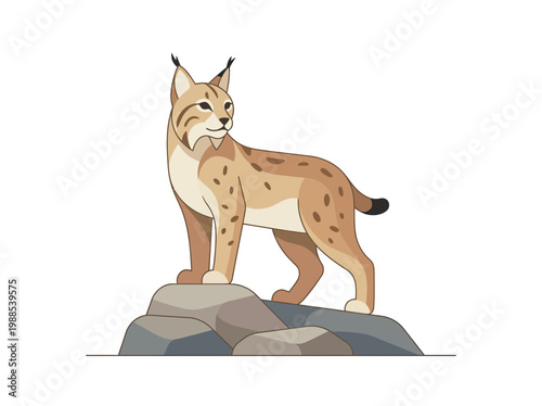 Cartoon Lynx on Rocky Outcrop in Forest with Detailed Fur and Playful Expression