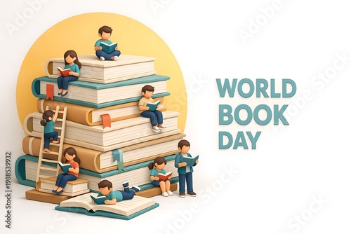Children sitting on a large stack of books celebrating World Book Day