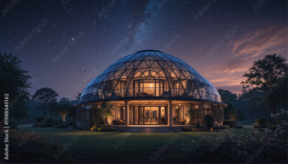Fototapeta premium Luxury dome house with transparent shell under stars