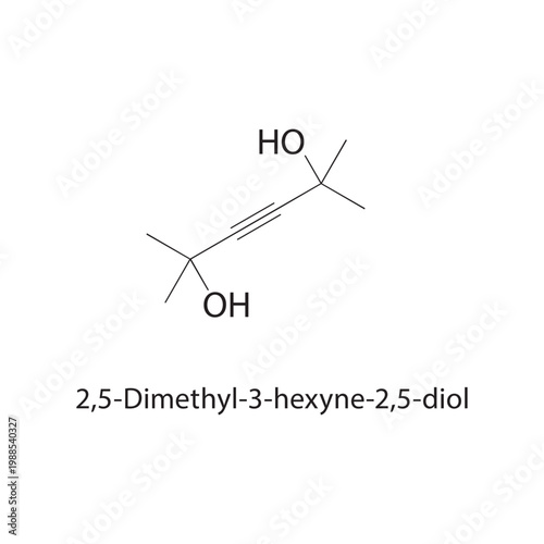 2,5-Dimethyl-3-hexyne-2,5 diol skeletal structure. alkyne compound schematic illustration. Simple diagram, chemical formula.