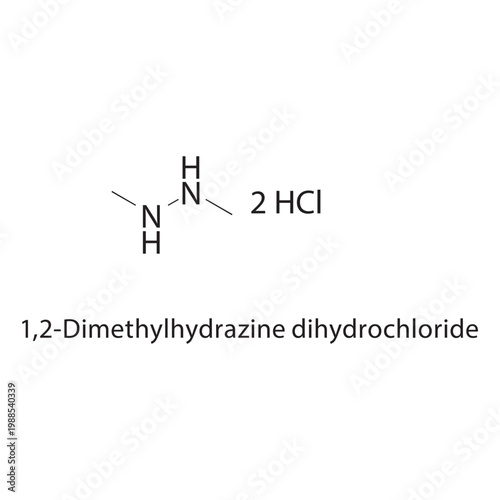 1,2-Dimethylhydrazine dihydrochloride skeletal structure. salt compound schematic illustration. Simple diagram, chemical formula.