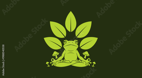 Green meditating frog in lotus pose with forest elements