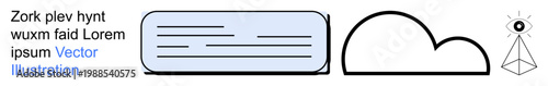 Data storage, cloud technology, modern communication, vision, digital design, analytical tools. A text box, cloud shape and eye icon with geometric lines. Data storage and cloud technology concepts