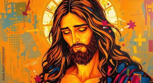 Vibrant abstract illustration of Jesus Christ in golden light