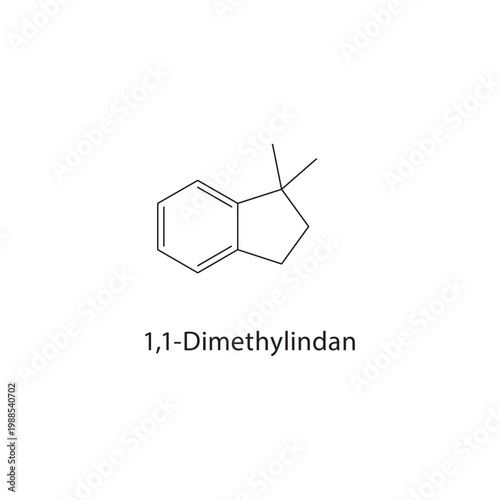 1,1-Dimethylindan skeletal structure. aromatic compound schematic illustration. Simple diagram, chemical formula.