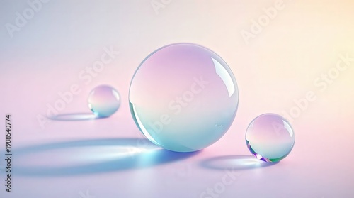 Dreamlike glass spheres on pastel background with soft shadows