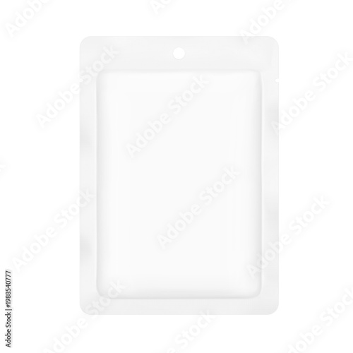 Sachet bag with hang hole and tear notch mockup. Front view. Hyper realistic vector illustration isolated on white background. Ready for use in your design. Scalable without lose quality. EPS10.