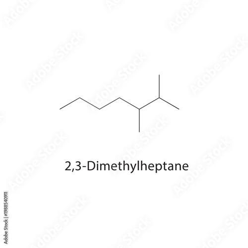 2,3-Dimethylheptane skeletal structure. alkane compound schematic illustration. Simple diagram, chemical formula.