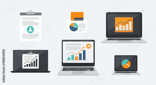 Flat design icons representing data analysis, charts, and reports on devices