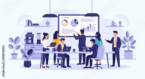 Diverse professionals collaborate in a modern office meeting, analyzing data on a large screen