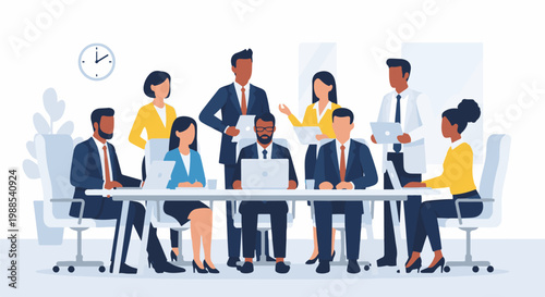 Diverse professionals collaborate in a modern office meeting room, with laptops and charts