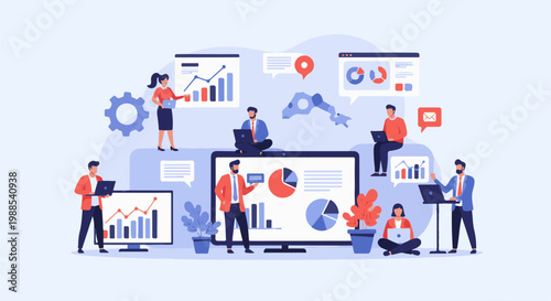 Business professionals collaborating digitally, analyzing charts and data on screens