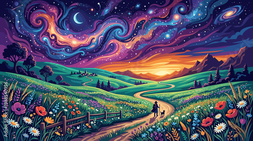Magical vector landscape with a wanderer and dog on a path under a cosmic sky, vibrant hills, and sunset glow. Ideal for digital art, posters, and mystical themes.