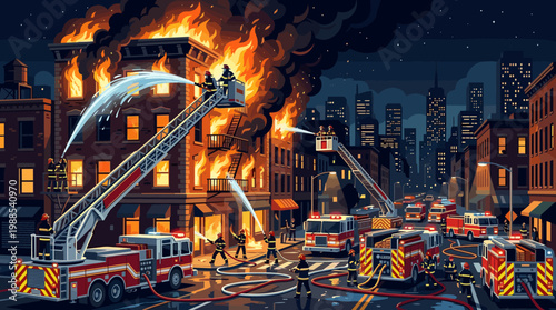Dynamic vector art depicting firefighters bravely battling a large building fire in a dark city at night. Ideal for emergency services or safety campaigns.