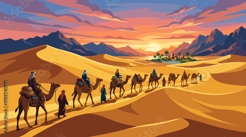 Vector illustration of a camel caravan journeying across a golden desert at sunset, approaching a vibrant oasis village with palm trees. Evokes adventure, travel, culture.
