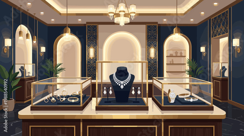 Elegant vector jewelry store interior. Luxurious displays with diamond necklaces, rings, watches, and gold accents. Perfect for luxury retail, fashion, upscale branding, and e-commerce.