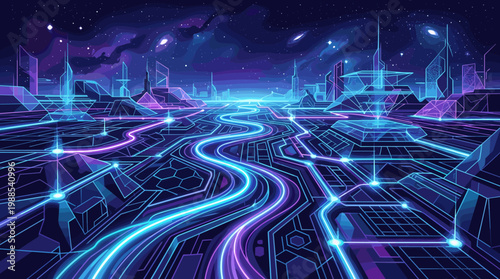 Vibrant, abstract futuristic city network with glowing data paths under a cosmic sky. Ideal for technology, AI, metaverse, innovation, and digital connectivity concepts.